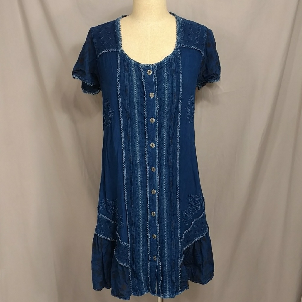 Boho Indian Dress Denim Blue Short Sleeve Embroidered mk Lg w/ Measurements